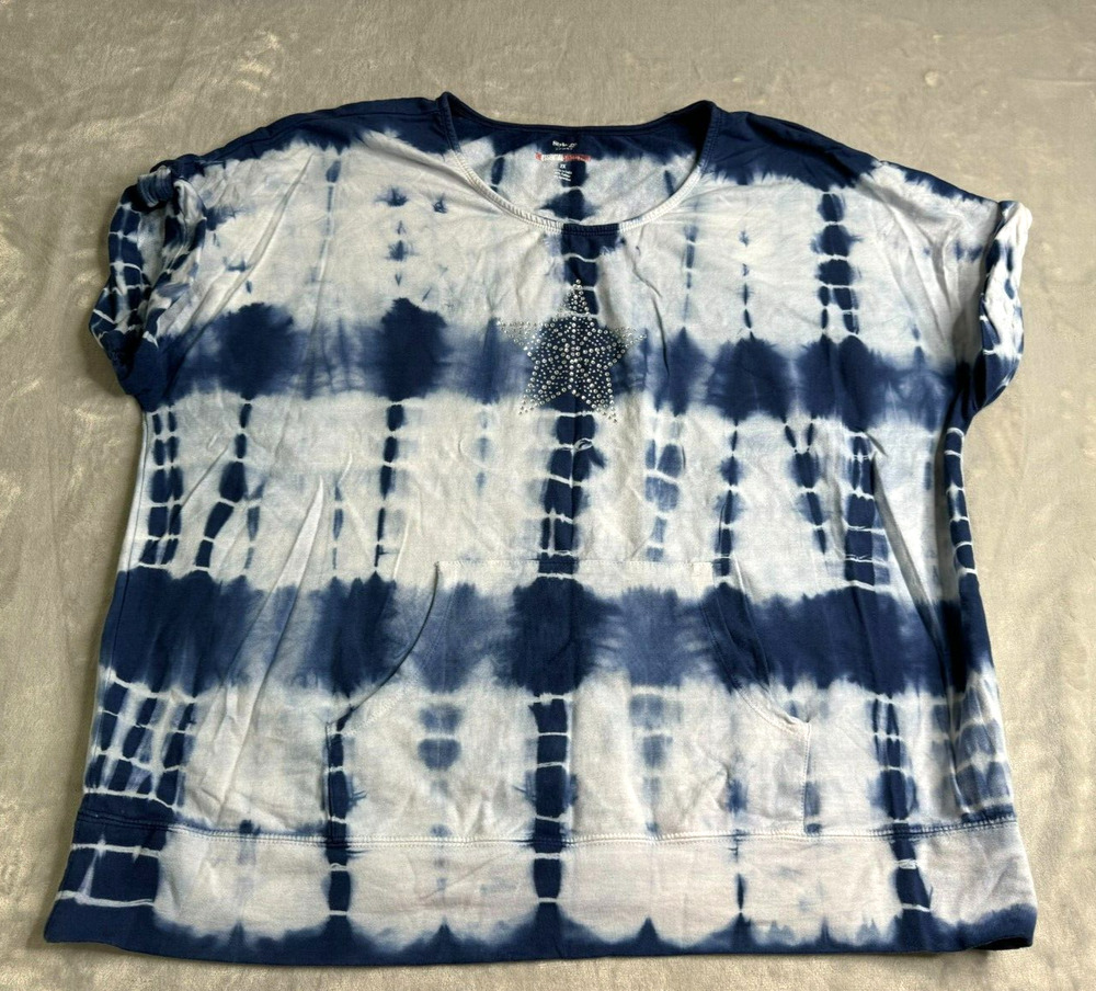 Style & Co Sport Top Womens 2X Blue Tie Dye Short Sleeve Rhinestone Star Pockets